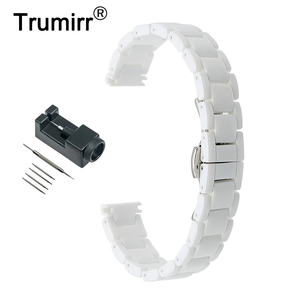 

14mm Full Ceramic Watch Band + Link Remover for Pebble Time Round Women's Butterfly Buckle Strap Wrist Belt Bracelet Black White