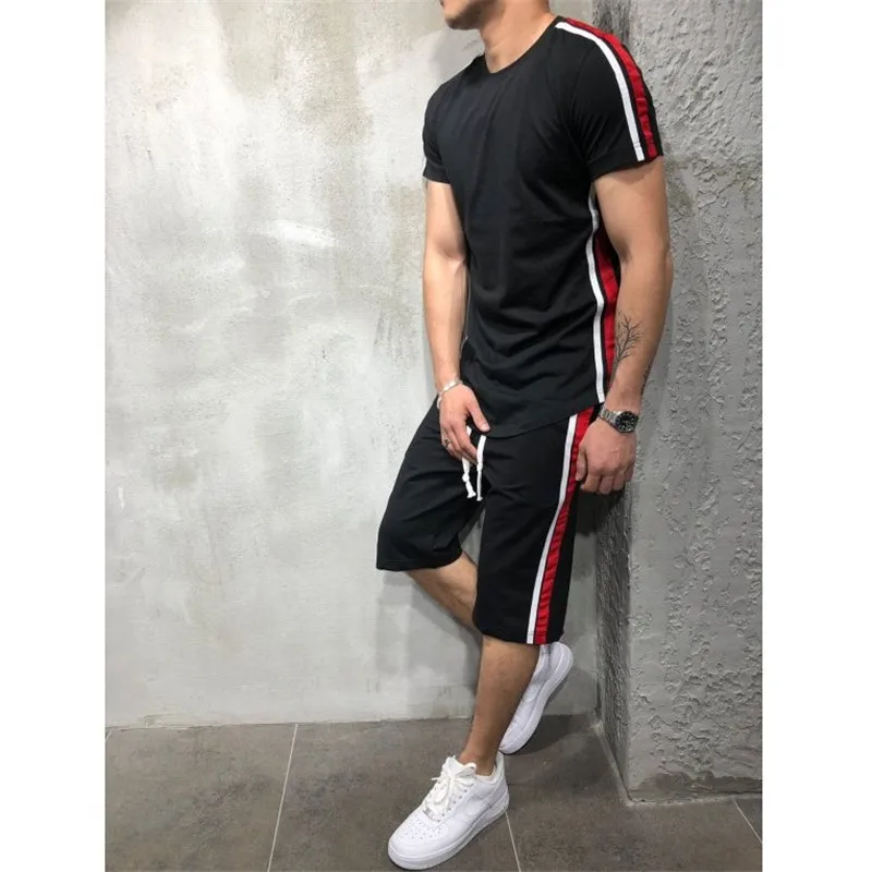 Summer Men's Set Casual Sportswear Suits Mens Clothing Two Pieces set 3XL Male short sleeve t-shirt +shorts Striped tracksuit