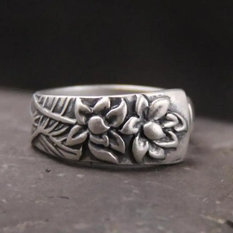 

Genuine 925 Sterling Silver Rings For Women Lotus Engraved Mala Process Handmade Vintage Flower Elegant Jewelry Ring Resizable