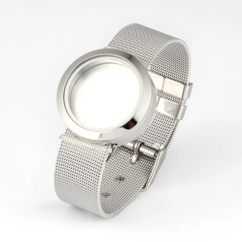 316L Stainless Steel Waterproof 25mm/30mm Screw Top Silver Floating Locket Bracelet with Mesh Watchband