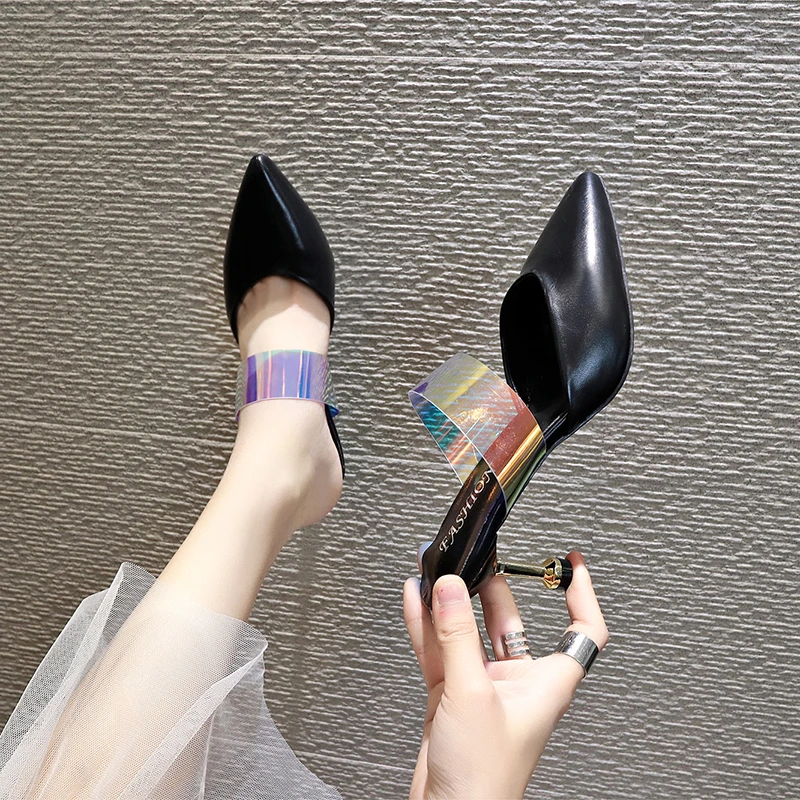 

summer 2019 Pointed toe Chic laser slip on slides outdoor party leather thin middle heels mules women slippers zapatos mujer