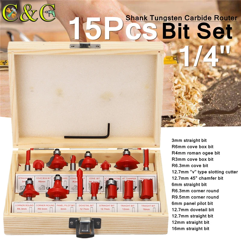 15pcs Milling Cutter Machine Set Router Bits for Wood Cutter Carbide Shank Mill