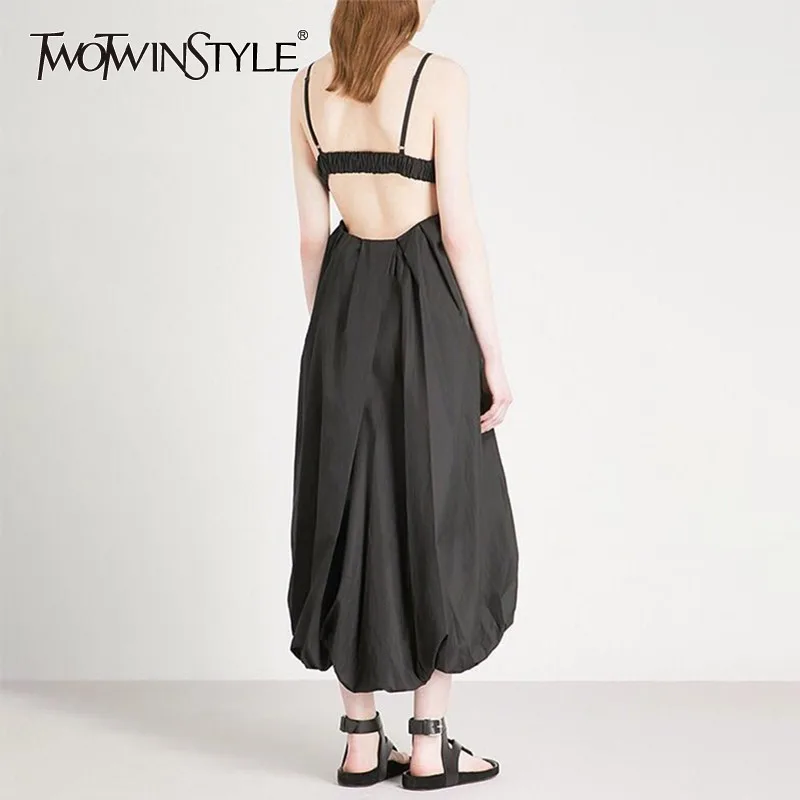 

TWOTWINSTYLE Summer Sleeveless Black Women Dress Off Shoulder Backless High Waist Asymmetrical Midi Dresses Female 2019