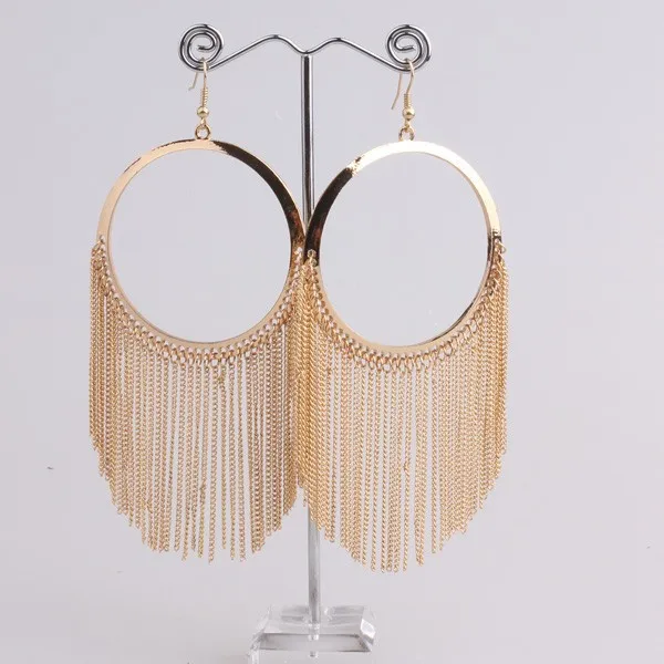 New Ethnic Style Long Tassel Earrings for Women Round Gold Color Hoop with Gracile Metal Chain Tassel Fashion Long Drop Earrings