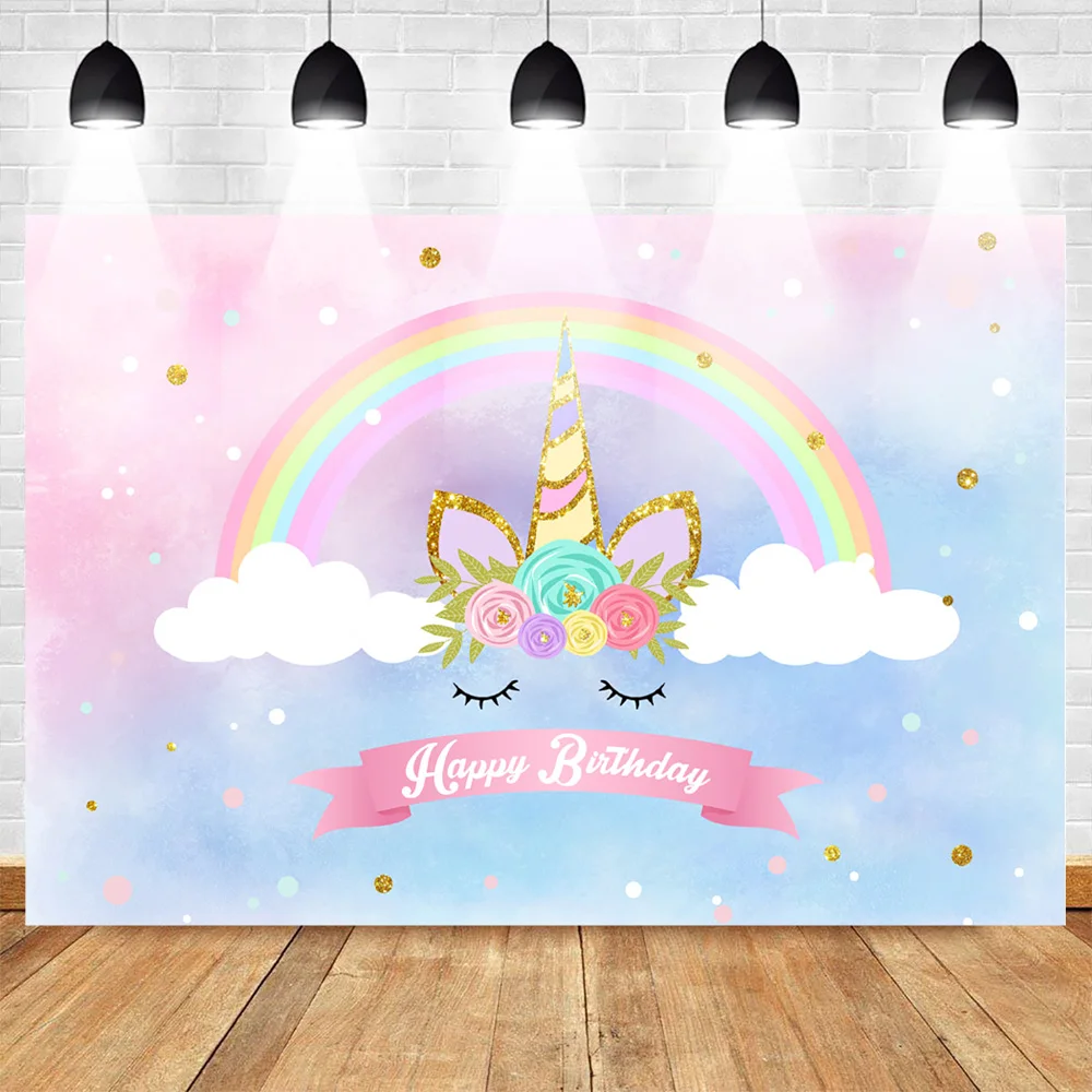 

Unicorn Backdrop Unicorn Themed Happy Birthday Party Banner Photography Background Pink Blue Flower Rainbow Cloud Photo Backdrop