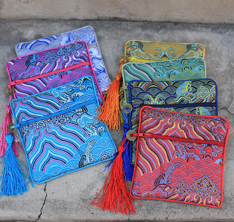

Seawater Small Zip Gift Bag Christmas Candy Bag Chinese Silk Pouch Tassel Wedding Party Favor Bags High End Women Coin Purse 50p