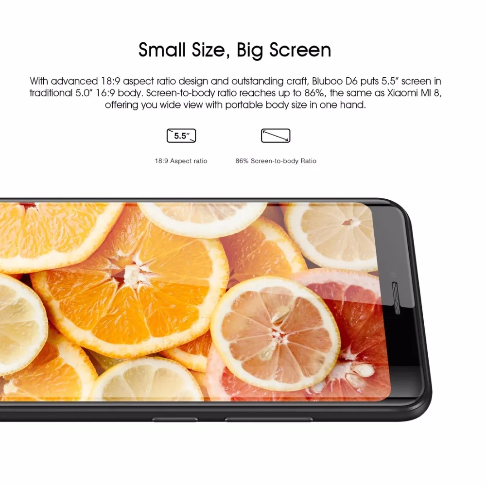Bluboo D6 Smartphone 5.5'' IPS 18:9 Screen MT6580A Quad Core 2GB RAM 16GB ROM Android 8.1 Face Unlock Cellphone 3G Mobile Phone