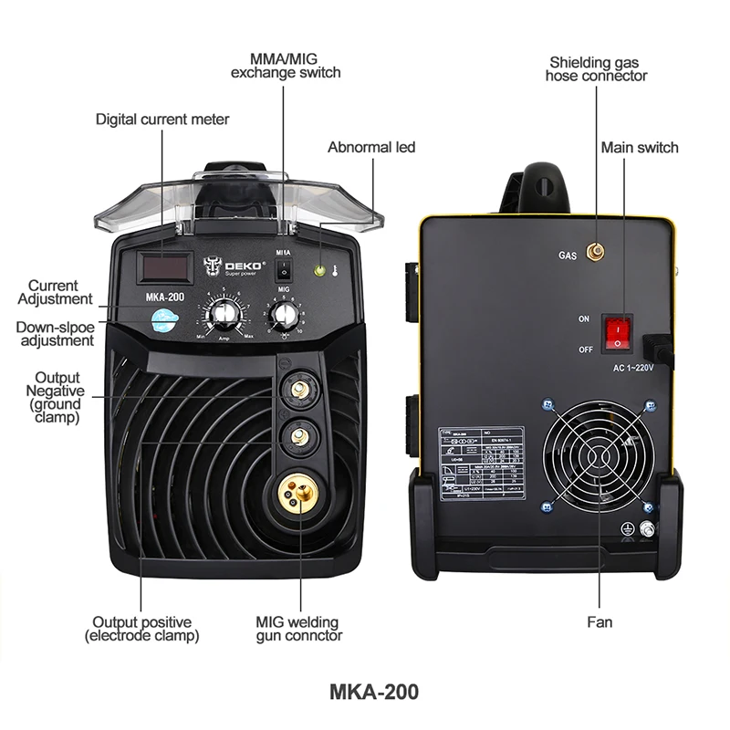 DEKOPRO MKA-200 200A 4.9KVA IP21S Inverter Arc MIG 2 IN 1 Electric Welding Machine w/ Replaceable Welding Gun MMA Welder DEKOPRO MKA-200 200A 4.9KVA IP21S Inverter Arc MIG 2 IN 1 Electric Welding Machine w/ Replaceable Welding Gun MMA Welder