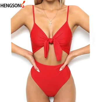 

Women Bandage One-Piece V Collar Hanging Halter Solid Color Sling Sculpture Body Shape Siamese Bow Jumpsuit 2019