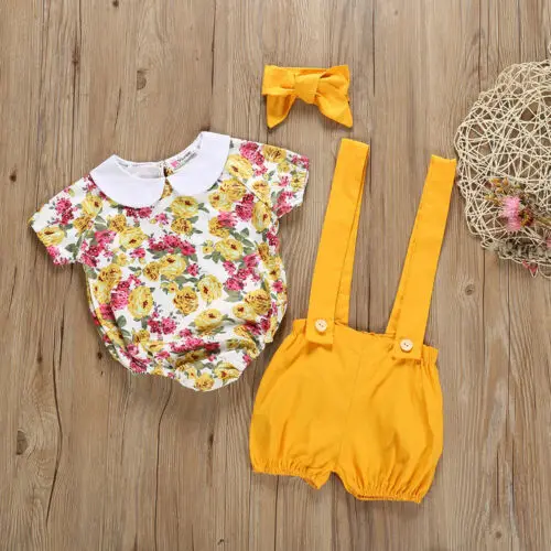 

Newborn Toddler Baby Girls Flower Romper+Short Bib Pants 3pcs Outfits Clothes