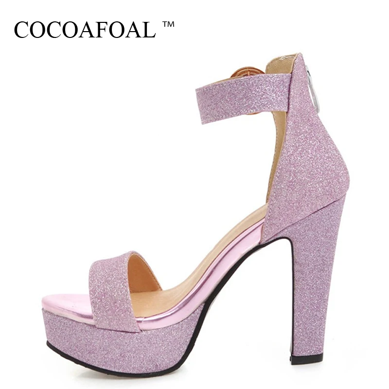 

COCOAFOAL Women Purple Wedding Sandals Plus Size 32 - 43 Peep Toe Heel Height Sandals Party Buckle Strap Silver Gold Shoes 2018