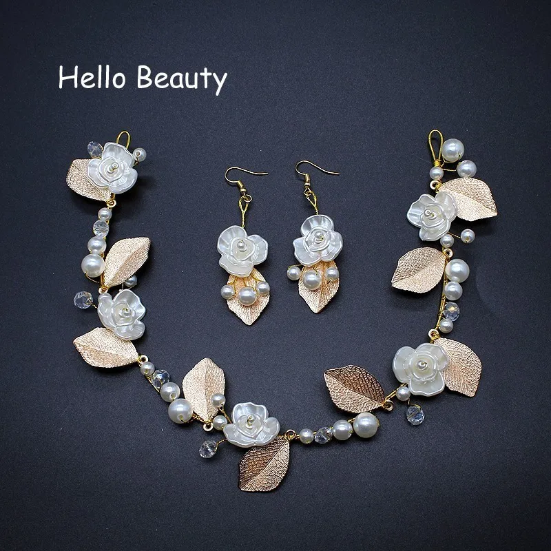 

Handmade Baroque Bridal Wedding Hair Accessories Set Flower Leaves Pearl Headpiece Beads Leaf Hair Piece For Bride