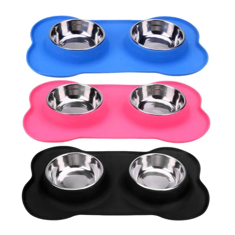 

Double Pet Dog Bowl Food Bone Water Feeder Dish Stainless Steel Removable Feeding Station Non-Spill Silicone Tray Leak-proof