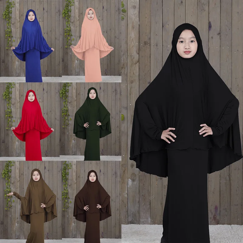 

Traditional Abaya Hijab Robes for Girls Two Piece Muslim Prayer Clothes burqa Kids Solid Loose Large Abayas islamic clothing