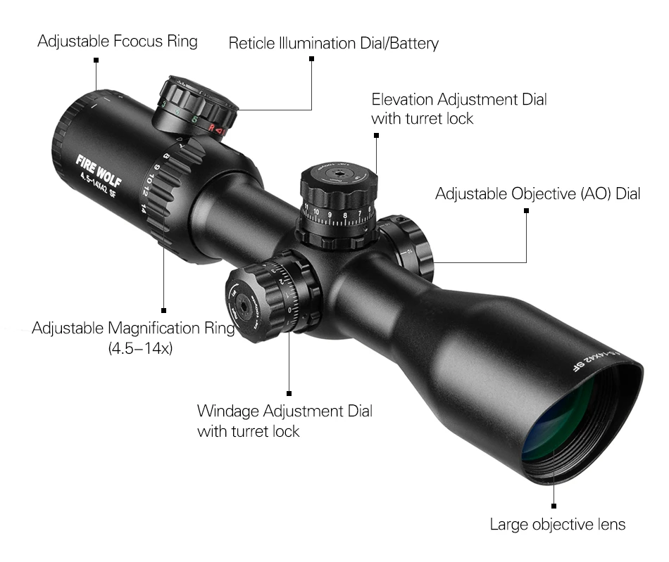 4,5-14X42 охотничьи оптические прицелы коническая сторона двойной крест красный зеленый фокус тактический оптический прицел Снайпер