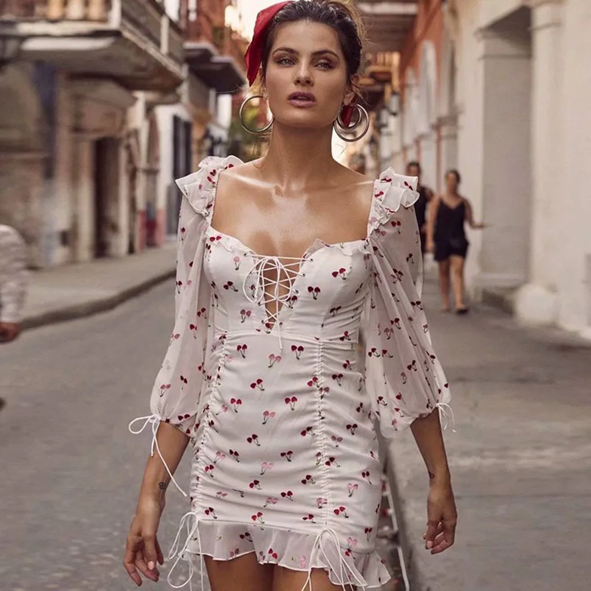

Jastie V-Neck 3/4 Sleeve Spring Summer Dress Cute Cherry Print Mini Dresses Short Sexy Party Dress Women Streetwear Boho Dresses