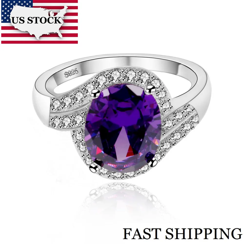 US STOCK Ring Female Purple Cubic Zirconia Jewellery Women's Wedding Accessories Ring for Women Silver Sale Bijoux Uloveido J334