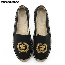 TINGHON Модные женские эспадрильи обувь дышащая парусиновая вышивка Корона Hemps в рыбацком стиле туфли на плоской подошве