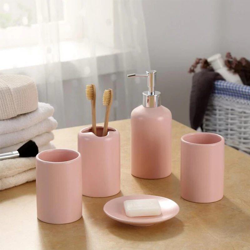 

Europe 5pcs Pink Ceramic Toothbrush Holder Cup Soap Dish Shampoo Bottle Dispenser Eco-Friendly Couple Bathroom Accessories Set
