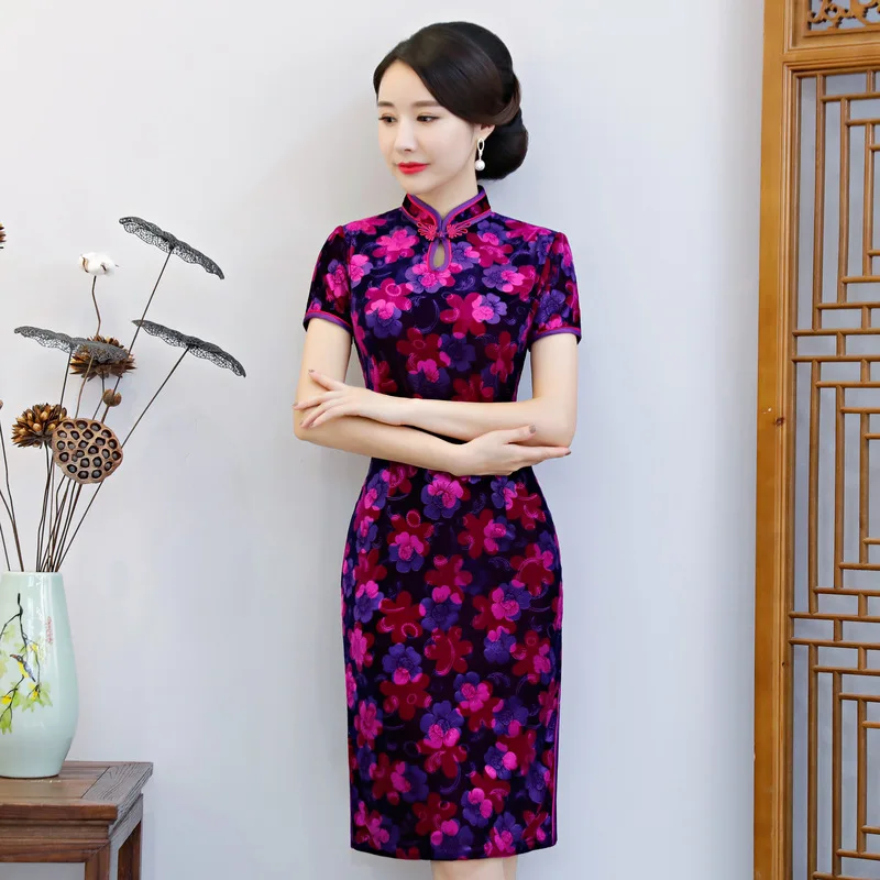 Модные женские туфли 'размеры s и m ini Cheongsam Весна новое поступление китайский Стиль велюр элегантное платье Qipao Vestidos Размеры s m L XL XXL XXXL 4XL - Цвет: Purple - A