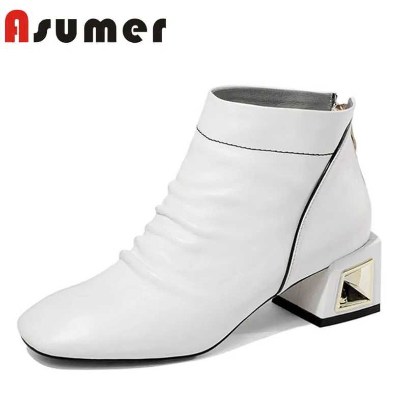 

ASUMER HOT SALE 2018 square toe ankle boots for women unique pleated unique genuine leather boots strange heels winter boots