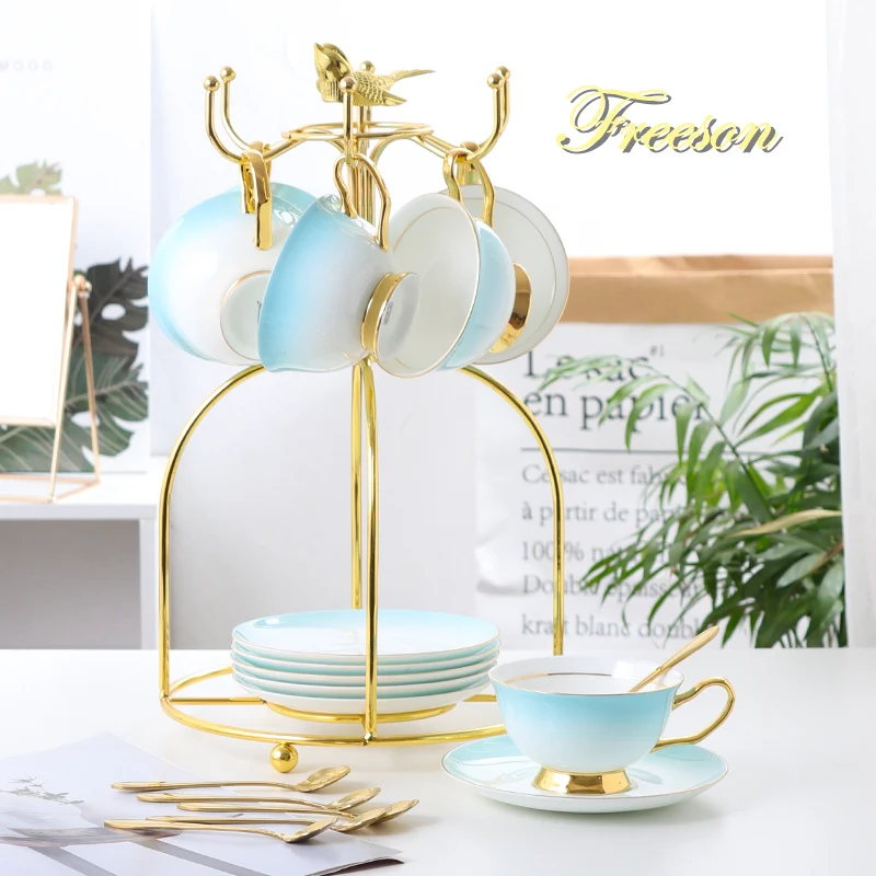 

Bone China Tea Cup Saucer Spoon Set 200ml Gradient Blue Coffee Cup Gold Porcelain Tea Set Ceramic Teacup Cafe Espresso Cup