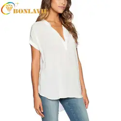 Летняя одежда женская рубашка однотонная блуза v-образный вырез короткий рукав спереди сзади длинная Свободная шифоновая рубашка плюс