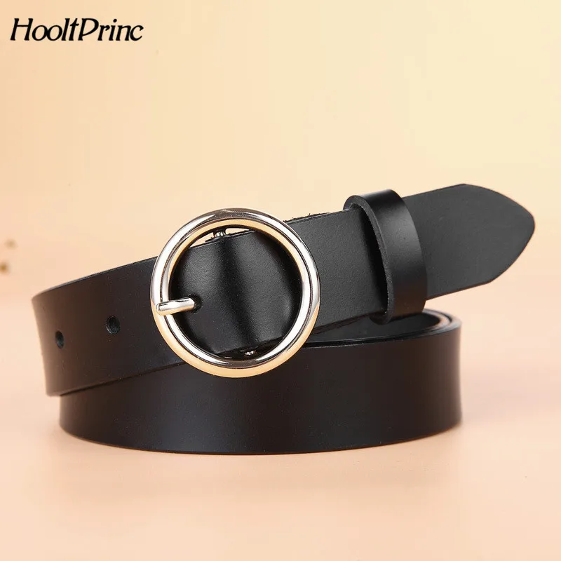

High Quality Gold Round Buckle Belts For Women Fashion Wide Luxury Jeans Stripes Ceinture Women Genuine Leather Belt