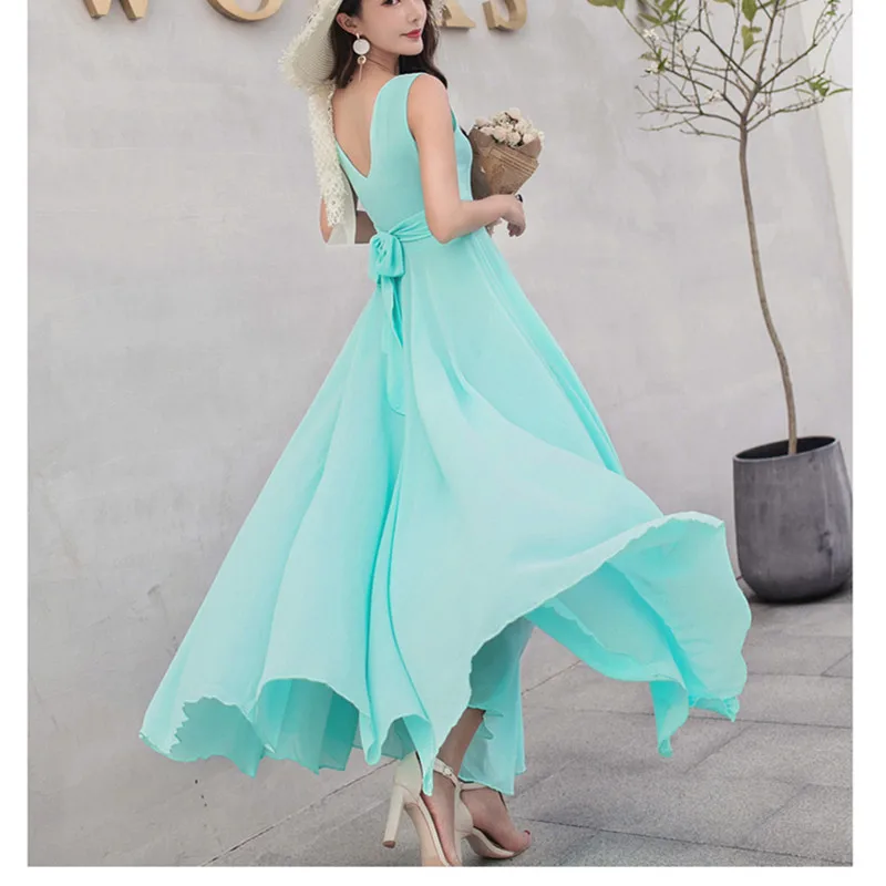 2019 New Summer Beach Dress Women's Fashion Sleeveless V-Beck Red Blue Long Dress Elegant Robes Women's Plus Size 5XL (19)