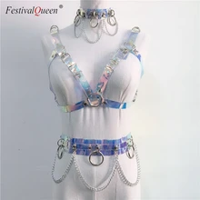 Ручная работа Лазерная ПВХ Связывание 3 шт набор женский голографический чокер кроп Топ звено Цепочка-пояс на талию сексуальный рейв фестиваль наряды