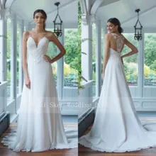 Красивые свадебные платья на тонких бретельках, белый кружевной лиф, воздушная шифоновая юбка, шикарные свадебные платья на спине, новинка года