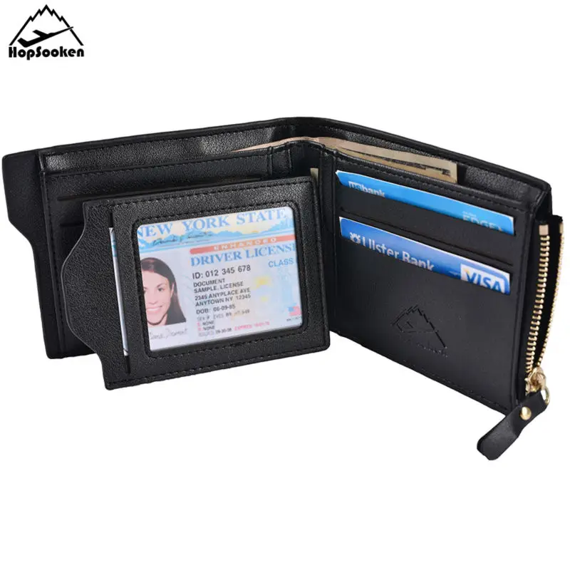 

HopSooKen RFID PU Leather Wallet Horizontal Bifold Slim Minimalist Slim Card Wallet Front Size Zipper Pocket Purse HS190Hori