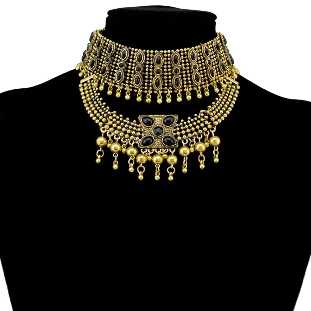 

Bohemian Gypsy Tribal Silver Gold Resin Beaded Bib Statement Jewelry Egypt Choker Necklace Jhumka Earrings Sets Turkish Afghan