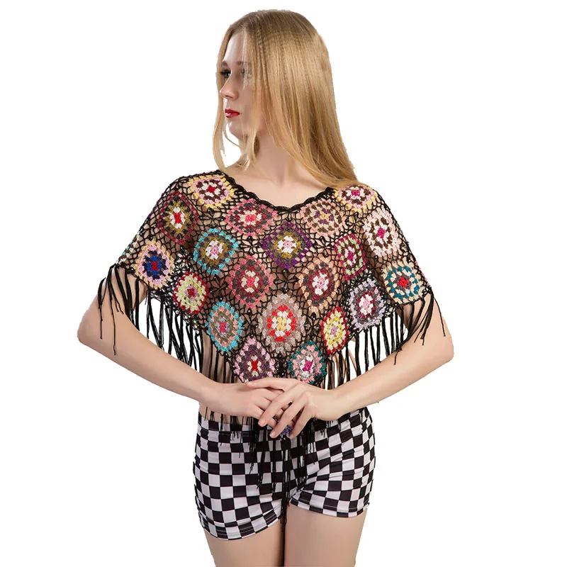 

BLINGSTORY Vintage Flower Hollowed Out Knitted Sweater Tassel Irregular Shrug Female Hand Crothet Knittwear OYD811