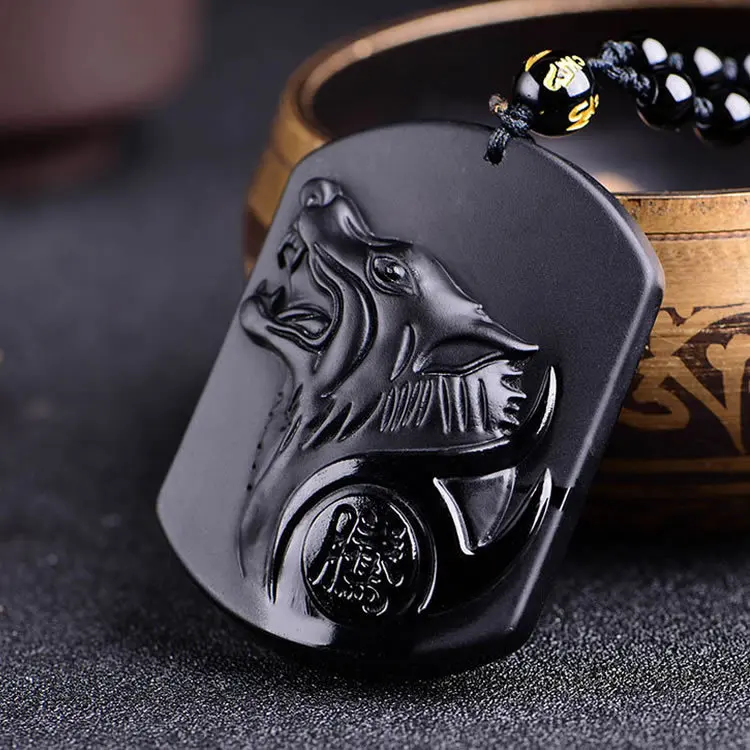 

Black Obsidian Carving Wolf Head Elephant Obdidian Amulet Pendant Necklace Obsidian Blessing Lucky Pendant Men Jewelry