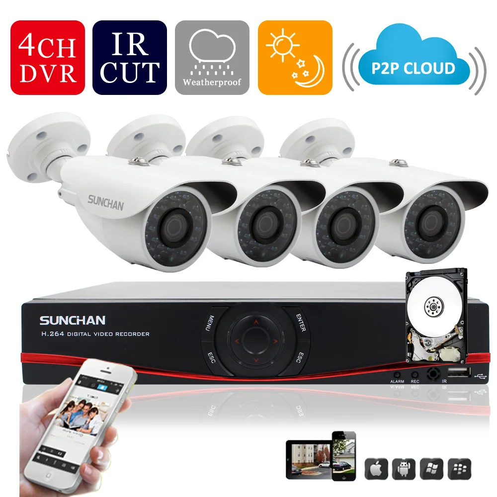 SUNCHAN HD AHD M CCTV System 4CH 1080N HDMI Out DVR Kit 4 1200TVL Outdoor Night