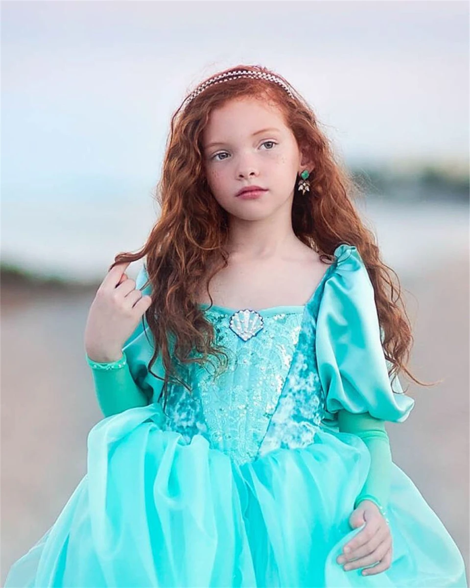 designer dresses New Year Little Mermaid Costume Halloween Child Princess Ariel Dress Fluffy Girl Green Puff Sleeve Dress Birthday Gown Infant top Dresses