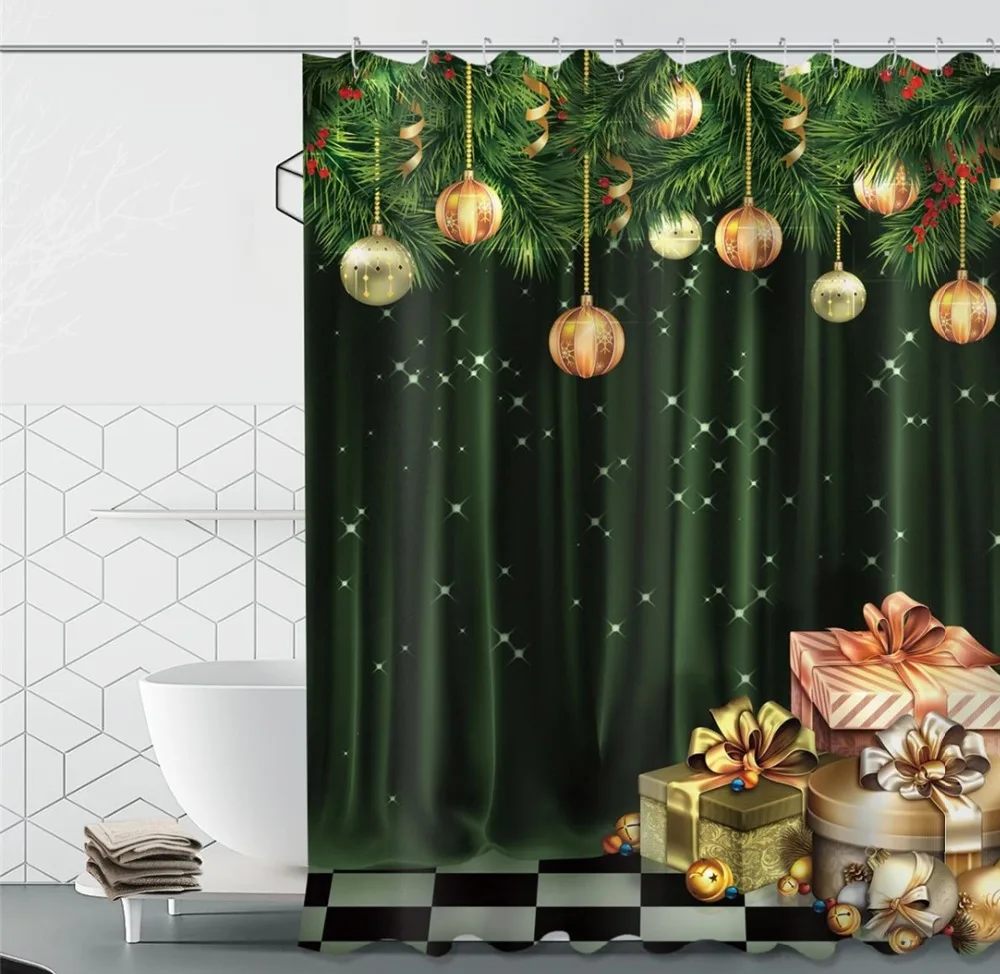 

72'' Christmas Balls On Pine Tree Leaves Green Shower Fabric Curtain Customized Bathroom Waterproof 12 Hooks Bath Accessory Sets