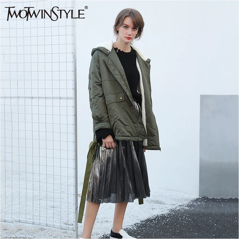 Куртка TWOTWINSTYLE зимняя с капюшоном длинным рукавом в Корейском стиле|womens down parka|women