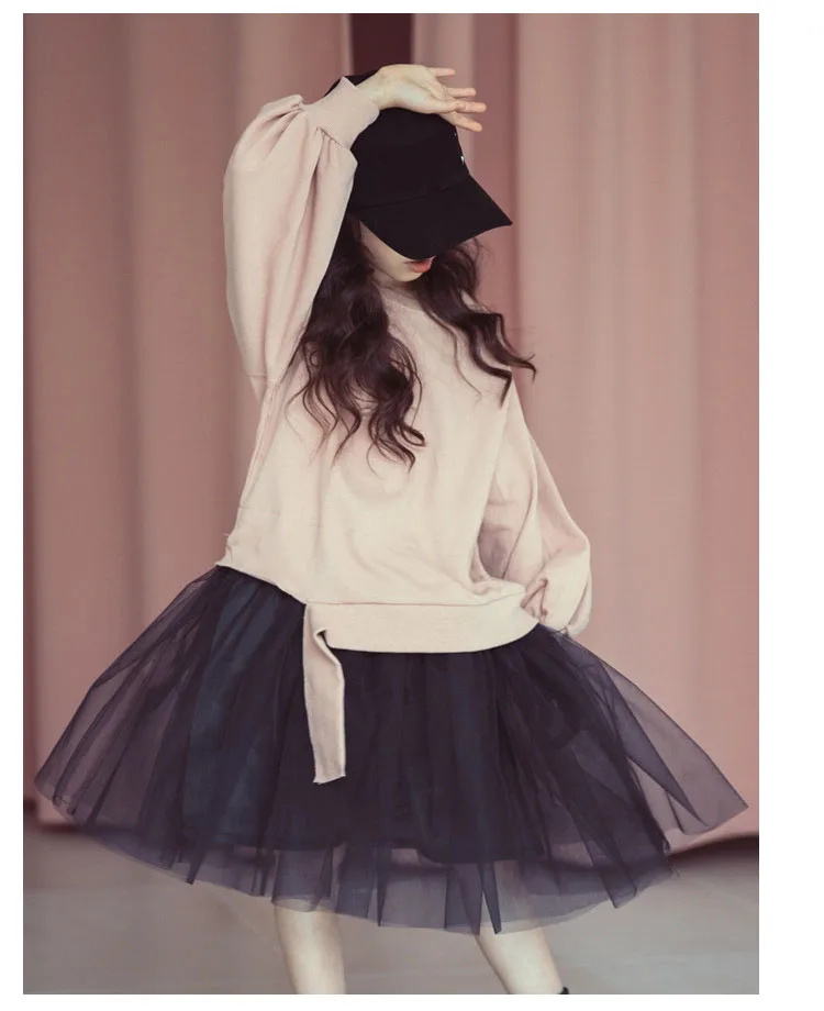 long mesh patchwork hoodies fashionable dresses for girls autumn kids straight dress baby girls winter teenagers dress clothing (7)