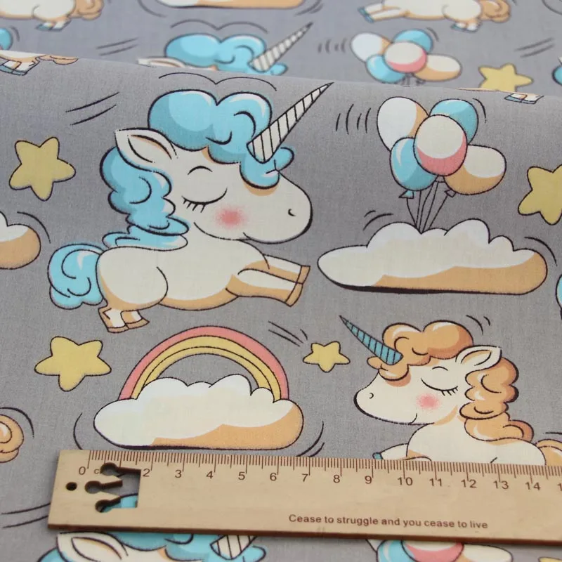100% cotton twill cloth GRAY PINK AQUA cartoon unicorn rainbow stars fabric for DIY crib bedding cushion quilting handwork decor