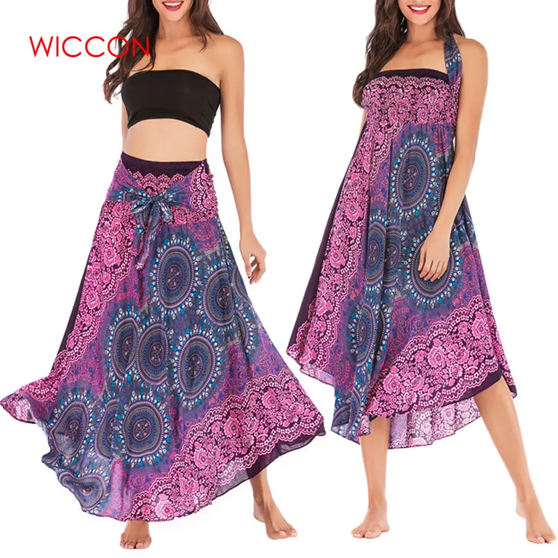 

Elastic Waist Floral Halter Skirt Beach Ethnic Style Swing Skirt Women Long Hippie Bohemian Gypsy Boho Flowers