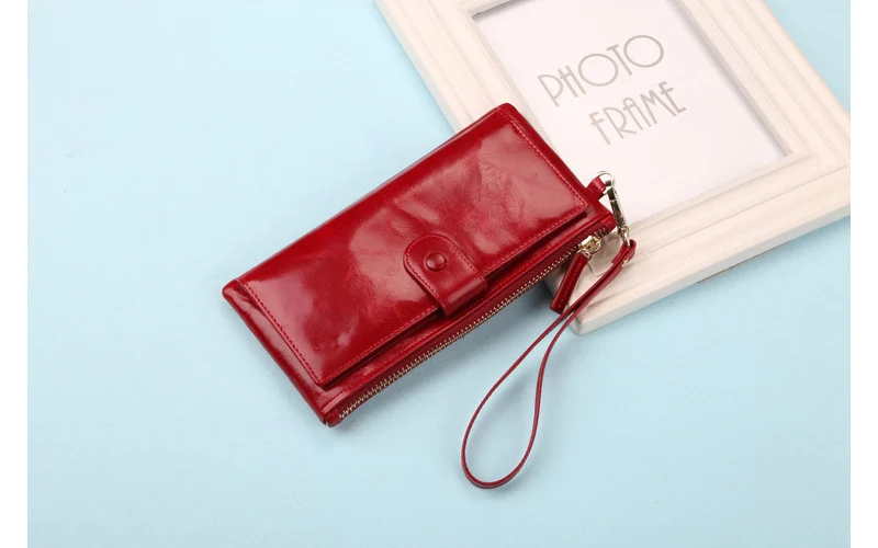 Best Quality! Women Oil Wax Genuine Cowhide Leather Long Zipper Wallet Lady Fashion Clutch Purse Bag With Strap 7 colors 2153