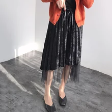 Повседневная Осенняя однотонная женская Тюлевая плиссированная юбка с высокой талией до середины икры юбки сетчатые свободные длинные юбки для женщин
