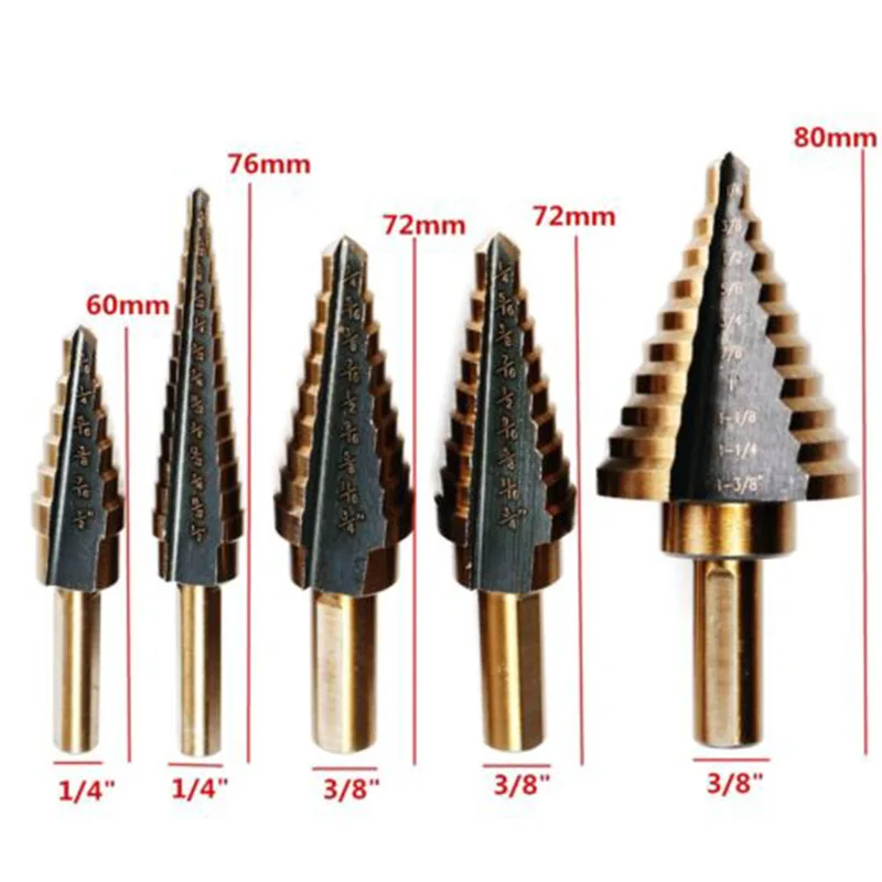 

5Pc/set Step Drill Bit Set Metric Spiral Flute Pagoda Shape Hole Cutter 1/4"& 3/8" HSS Steel Cone Drill Bit Set HSS Steel