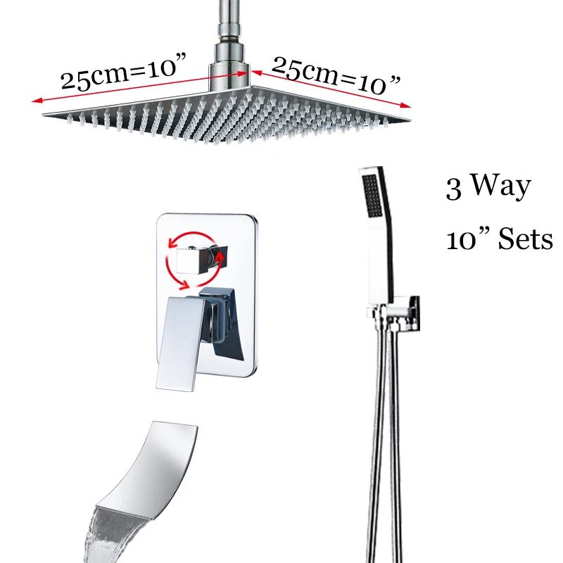 Роскошные потолочные смесители для душа " /10"/1" /16" квадратный дождевой смеситель для душа W/Ручной смеситель для душа - Цвет: 3 way 10 inch