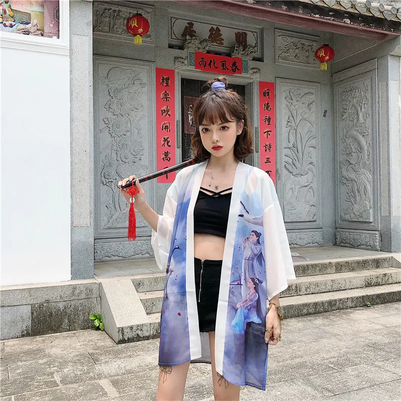 

Japanese Harajuku Kimono Yukata Casual Chinese Style Haori Girl Crane Print White Kimono Cardigan Cosplay Coustumes Riding Coat