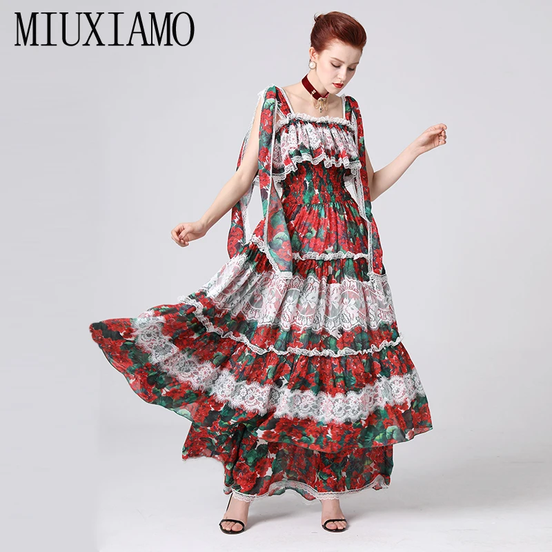 

MIUXIMAO High Quality 2019 Summer Maxi Dress New Arrival Red Flower Print Lace Floor-Length Cake Long Dress Women