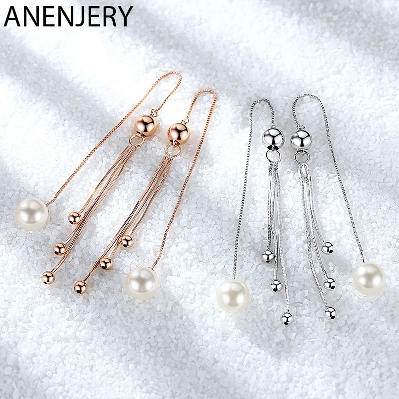 

ANENJERY 925 Sterling Silver Earrings Pearl Irregular Beads Tassel Ear Chain Long Earrings For Women oorbellen S-E876