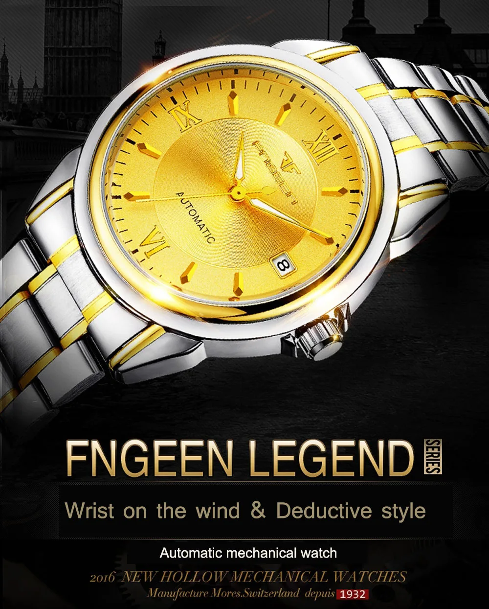 FNGEEN стильные модные часы, роскошные брендовые часы, спортивные мужские часы из нержавеющей стали, мужские механические часы с датой для подарка, relogio